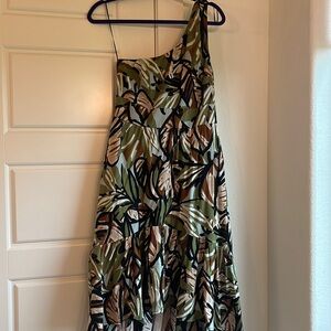 NWT, one shoulder, high-low ruffle hemline-tropical print dress, size 8